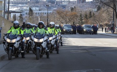 Hearses carrying the bodies of  EPS officers, constables Brett Ryan and Travis Jordan get ready to leave the Alberta Legislature  on route to Rogers Place for a regimental funeral. The two officers were killed in the line of duty on March 16, 2023. Taken on Monday, March 27, 2023 in Edmonton.