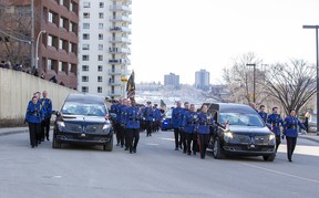 Hearses carrying the bodies of  EPS officers, constables Brett Ryan and Travis Jordan get ready to leave the Alberta Legislature  on route to Rogers Place for a regimental funeral. The two officers were killed in the line of duty on March 16, 2023. Taken on Monday, March 27, 2023 in Edmonton.