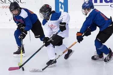 Eighty minor hockey players take part in the Kids World's Longest Hockey Game in support of the Ben Stelter Fund and the Stollery Children's Hospital, at Saiker's Acres, 52269 Range Rd 220, east of Edmonton Saturday March 4, 2023.