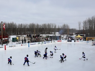 Eighty minor hockey players take part in the Kids World's Longest Hockey Game in support of the Ben Stelter Fund and the Stollery Children's Hospital, at Saiker's Acres, 52269 Range Rd 220, east of Edmonton Saturday March 4, 2023.