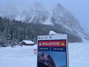 FILE PHOTO: A sign detailing a special avalanche warning issued by Avalanche Canada and Parks Canada.