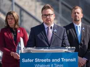 Nicholas Milliken, Minister of Mental Health and Addiction, speaks during a press conference announcing measures to tackle the rising violent crimes in Calgary and Edmonton outside the Sunalta CTrain station in Calgary on Tuesday, April 4, 2023. Azin Ghaffari/Postmedia