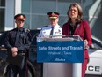 Premier Danielle Smith speaks during a press conference announcing measures to tackle the rising violent crimes in Calgary and Edmonton outside the Sunalta CTrain station in Calgary on Tuesday, April 4, 2023.