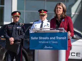 Premier Danielle Smith speaks during a press conference announcing measures to tackle the rising violent crimes in Calgary and Edmonton outside the Sunalta CTrain station in Calgary on Tuesday, April 4, 2023. Azin Ghaffari/Postmedia