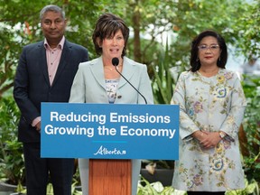 Environment and Protected Areas Minister Sonya Savage speaks at a news conference announcing Alberta's plan to reduce emissions while growing the economy, at Calgary's Devonian Gardens on Wednesday, April 19, 2023.