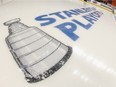 A general view of the in-ice logo prior to the game between the New York Islanders and the Carolina Hurricanes in Game Two of the Eastern Conference Second Round during the 2019 NHL Stanley Cup Playoffs at the Barclays Center on April 28, 2019 in the Brooklyn borough of New York City.