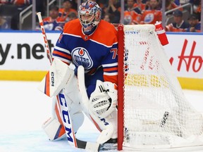 Stuart Skinner #74 of the Edmonton Oilers sets up to make a save during a penalty kill in the second period against the Los Angeles Kings in Game 2 of the first round of the 2023 Stanley Cup Playoffs on April 19, 2023 at Rogers Place in Edmonton.