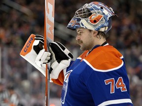 Oilers' goalie Stuart Skinner looks on during second period NHL action against the Philadelphia Flyers at Rogers Place in Edmonton, Tuesday Feb. 21, 2023.