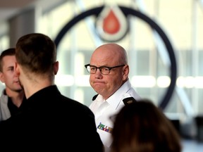 Edmonton police Chief Dale McFee speaks to the media about public safety in the Ice District during the Edmonton Oilers Stanley Cup playoffs at Rogers Place on Monday, May 1, 2023.