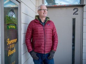 Rob Muench, former Humboldt mayor at the time of the Humboldt Broncos crash and current city councillor, stand for a photograph outside of Elgar Petersen Arena in Humboldt, Sask., Friday, March 17, 2023.