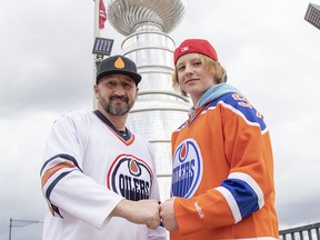 Greg Hrehoruk and his son Darien, 14 drove in from Grande Prairie to see the Edmonton Oilers in the first game of the 2023 NHL playoffs against Los Angeles on April 17, 2023. The stopped for pictures at United Cycle and the Stanley Cup.