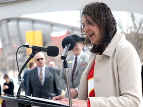 Alberta Premier Danielle Smith speaks during the announcement of the future Event Centre in Calgary on April 25.
