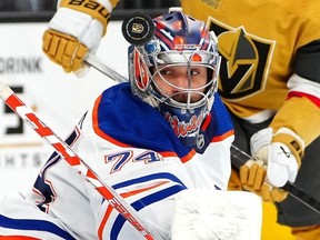 Edmonton Oilers goaltender Stuart Skinner keeps his eyes on the puck in this recent battle with Vegas Golden Knights.