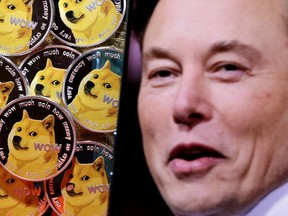 A photo of Elon Musk on a smartphone, atop an illustration of the cryptocurrency Dogecoin.
