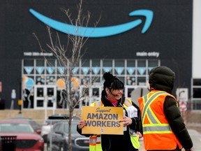 Teamsters Local Union 362 holds a union organizing campaign outside the Amazon facility, 1440 39 Ave., in Nisku on Wednesday, April 26, 2023.