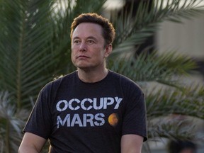 Elon Musk during a T-Mobile and SpaceX joint event on August 25, 2022 in Boca Chica Beach, Texas.