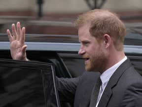 Britain's Prince Harry leaves the Royal Courts Of Justice in London, Thursday, March 30, 2023.