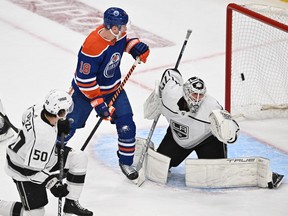 Edmonton Oilers left winger Zach Hyman(18) watches the puck fly past Los Angeles Kings goalie Joonas Korpisalo (70) during the first period in game one of the first round of the 2023 Stanley Cup Playoffs at Rogers Place.