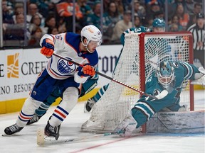 Apr 8, 2023; San Jose, California, USA; San Jose Sharks goaltender James Reimer (47) defends against Edmonton Oilers center Mattias Janmark (26) during the third period at SAP Center at San Jose. Mandatory Credit: Stan Szeto-USA TODAY Sports