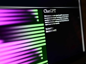 A computer screen with the homepage of the artificial intelligence OpenAI website, displaying its ChatGPT program.