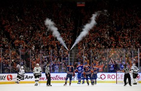 The Edmonton Oilers celebrate their fourth goal against the Los Angeles Kings during second period NHL playoff action at Rogers Place in Edmonton, Tuesday April 25, 2023.