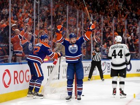 The Edmonton Oilers' Zach Hyman (18) celebrates his second goal against the Los Angeles Kings during third period NHL playoff action at Rogers Place in Edmonton, Tuesday April 25, 2023. The Oilers won 6-3.