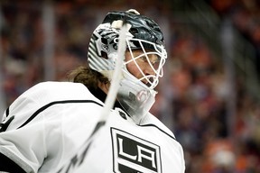 The Los Angeles Kings' goalie Pheonix Copley (29) during third period NHL playoff action against the Edmonton Oilers at Rogers Place in Edmonton, Tuesday April 25, 2023. The Oilers won 6-3.