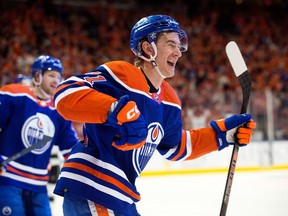 The Edmonton Oilers' Ryan McLeod (71) celebrates the Oilers first goal against the Los Angeles Kings during first period NHL playoff action at Rogers Place in Edmonton, Tuesday April 25, 2023.