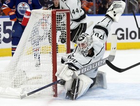 The Edmonton Oilers' Leon Draisaitl (29) shot gets past Los Angeles Kings' goalie Joonas Korpisalo (70) for the Oilers second goal during first period NHL playoff action at Rogers Place in Edmonton, Tuesday April 25, 2023.