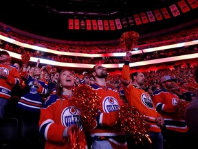 Edmonton Oilers fans cheer on the team prior to the start of their playoff game against the Los Angeles Kings at Rogers Place in Edmonton, Tuesday April 25, 2023. The Oilers won 6-3.