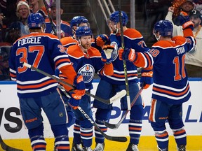 Klim Kostin of the Edmonton Oilers celebrates his goal with Darnell News  Photo - Getty Images
