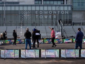 A watch party area for the Edmonton Oilers playoff run is being set up in the empty lot beside Rogers Place, 101 Street and 104 Avenue, in Edmonton Friday, April 14, 2023.