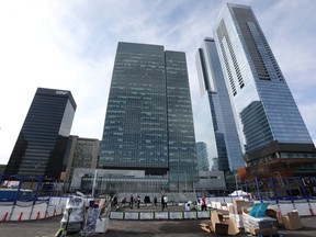 A watch party area for the Edmonton Oilers playoff run is being set up in the empty lot beside Rogers Place, at 101 Street and 104 Avenue, in Edmonton on Friday, April 14, 2023.