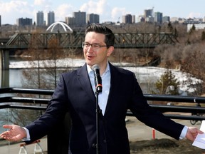 Pierre Poilievre, Leader of the Conservative Party of Canada and the Official Opposition, speaks to the media during a stop in Edmonton, Thursday April 13, 2023.