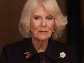 Camilla, Queen Consort, departs after her visit to the Komische Oper on March 30, 2023 in Berlin, Germany.