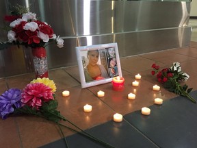 A memorial was set up on Feb. 17 at Edmonton City Centre mall for Sherri Lynn Gauthier, 33, who died in hospital after police responded to a report of a stabbing at the mall parkade on Feb. 12, 2020.