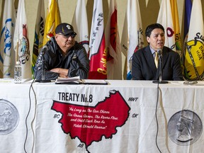 Kapawe’no First Nation Chief Sydney Halcrow (left) and Treaty 8 First Nations of Alberta Grand Chief Arthur Noskey (right) discuss the Treaty 8 chiefs' declaration that policing is an essential service on April 6, 2023.
