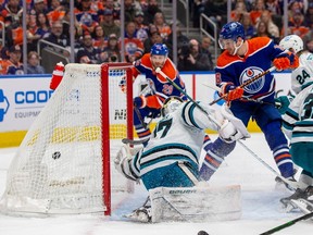 Edmonton Oilers Leon Draisaitl (29) scores on San Jose Sharks goalie James Reimer (47) during first period NHL action on Thursday, April 13, 2023 in Edmonton . Greg Southam-Postmedia