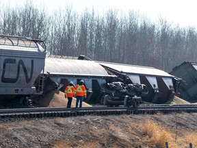 Seventeen rail cars have come off the tracks 25 Kilometres east of Edmonton, near Wye Road and RR 214 on Wednesday, April 5, 2023 .   Greg Southam-Postmedia