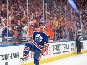 Derek Ryan (10) of the Edmonton Oilers celebrates his first period goal against the Los Angeles Kings at Rogers Place in Edmonton on April 19, 2023.