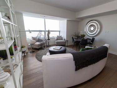 The living room on in the penthouse condo in the Sky Residences at Ice District 66 storeys up as Full House Lottery unveils its Early Bird prize in support of the Royal Alex and University of Alberta Hospitals. Taken on Wednesday, April 5, 2023 .   Greg Southam-Postmedia