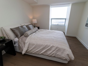 One of the bedrooms in the penthouse condo in the Sky Residences at Ice District 66 storeys up as Full House Lottery unveils its Early Bird prize in support of the Royal Alex and University of Alberta Hospitals. Taken on Wednesday, April 5, 2023 .   Greg Southam-Postmedia