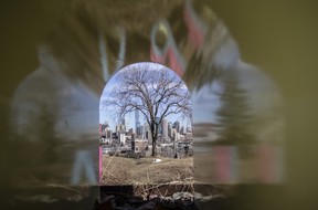 The iskotew public art installation in River Lot 11 Park overlooking downtown Edmonton on April 18, 2023.