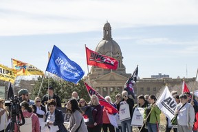 AUPE health care rallied outside the Queen Elizabeth Building in Edmonton to raise awareness to the ongoing staff shortages in the public health care system.AUPE Vice-President Sandra Azocar was speaking with media on April 18, 2023.