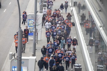 Hockey fans in getting ready for the  the Edmonton Oilers, and the Los Angeles Kings at Rogers Place in Edmonton on April 19, 2023.