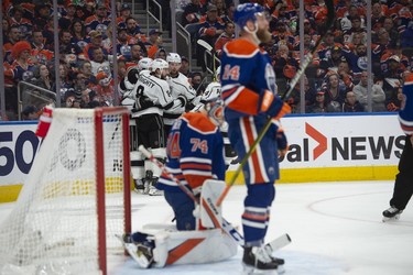 Goalie Stuart Skinner (74)of the Edmonton Oilers, is stunned as  the Los Angeles Kings score in the second period at Rogers Place in Edmonton on April 19, 2023.