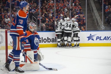Goalie Stuart Skinner (74)of the Edmonton Oilers, is stunned as  the Los Angeles Kings tied the game at two goals apiece late in the second period at Rogers Place in Edmonton on April 19, 2023.