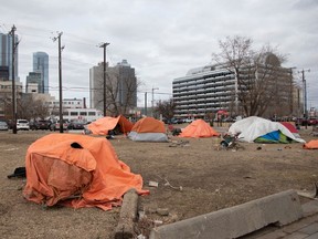 Homeless encampments on 96 Street near 102A Avenue in Edmonton on April 17, 2023.