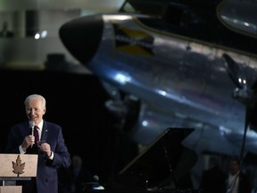 President Joe Biden speaks during a gala dinner at the Canadian Aviation and Space Museum, on Friday, March 24, 2023, in Ottawa.