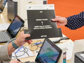 A ballot secrecy folder is seen during advance polling at the Central Library in Calgary on Tuesday, May 23, 2023.